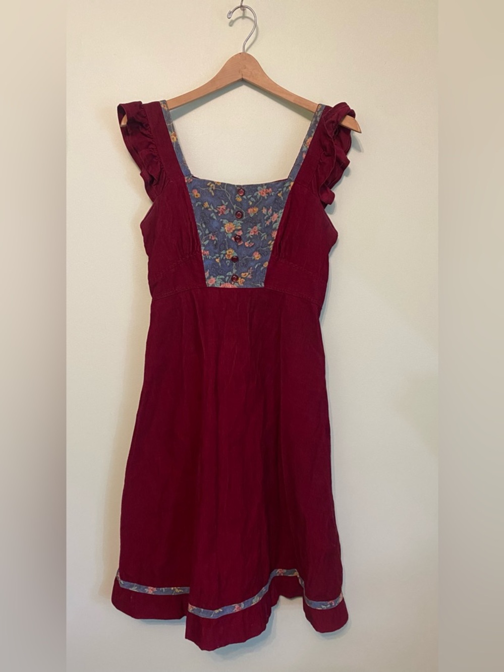 Vintage Corduroy Dress with Blue Floral Panel